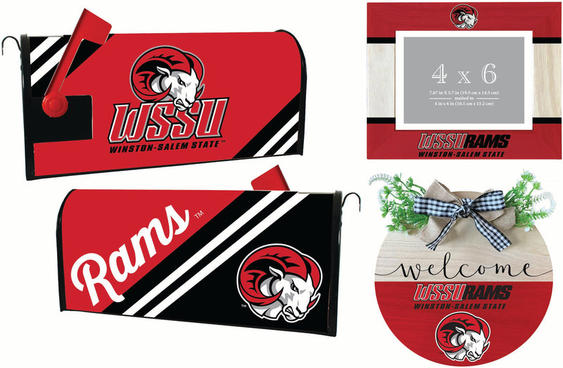 Winston-Salem State Officially Licensed Home Decor Pack - Magnetic Mailbox Cover, Wooden Welcome Wreath Sign & Photo Frame 