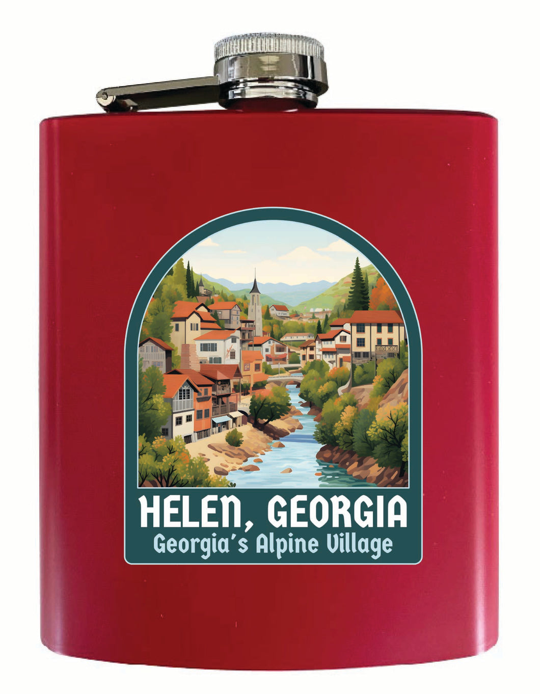 Helen Georgia Alpine Village Design Souvenir 7 oz Steel Flask Matte Finish Red Single