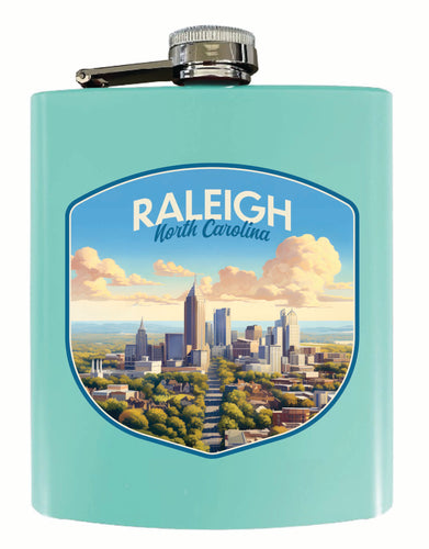 Raleigh North Carolina Daytime Cityscape Design Souvenir 7 oz Steel Flask Matte Finish Seafoam 2-Pack