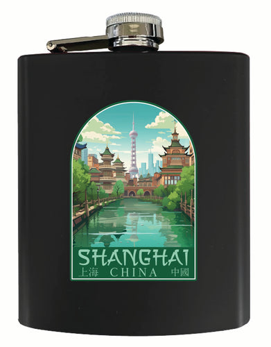 Shanghai China Old Town Design Souvenir 7 oz Steel Flask Matte Finish Black Single