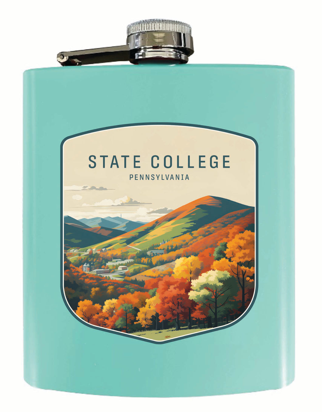 State College Pennsylvania Autumn Mountains Design Souvenir 7 oz Steel Flask Matte Finish Seafoam 2-Pack