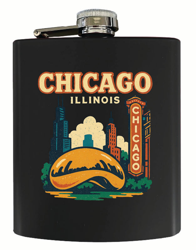 Chicago Illinois Vintage Design Souvenir 7 oz Steel Flask Matte Finish Black