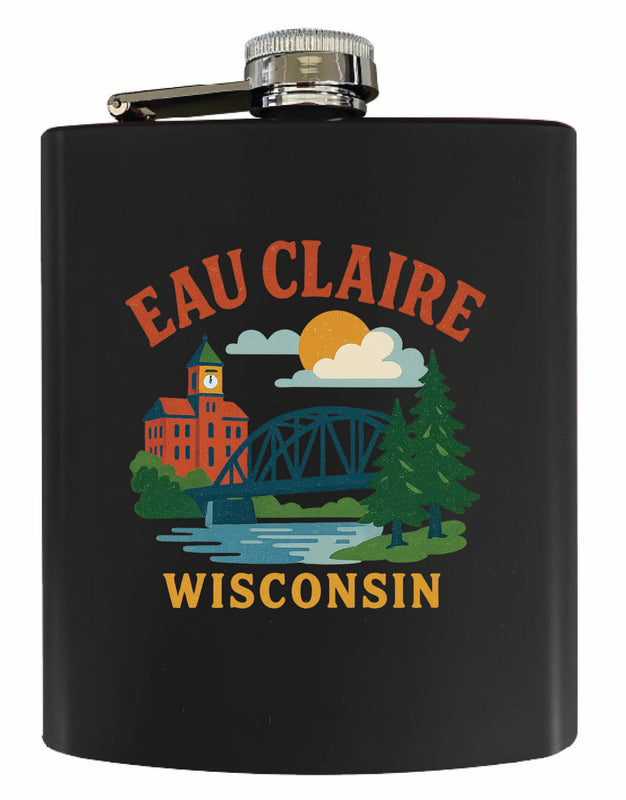 Eau Claire Wisconsin Vintage Design Souvenir 7 oz Steel Flask Matte Finish Black