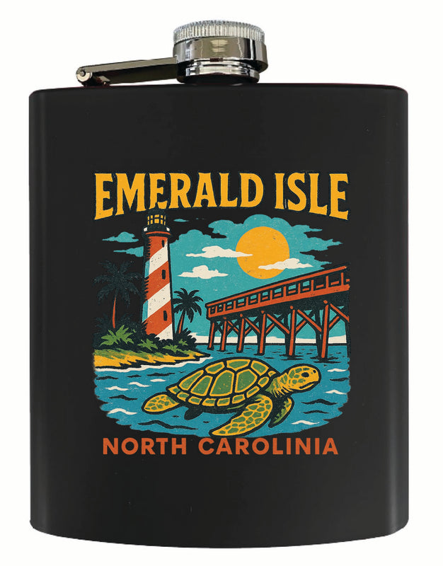 Emerald Isle North Carolina Vintage Design Souvenir 7 oz Steel Flask Matte Finish Black