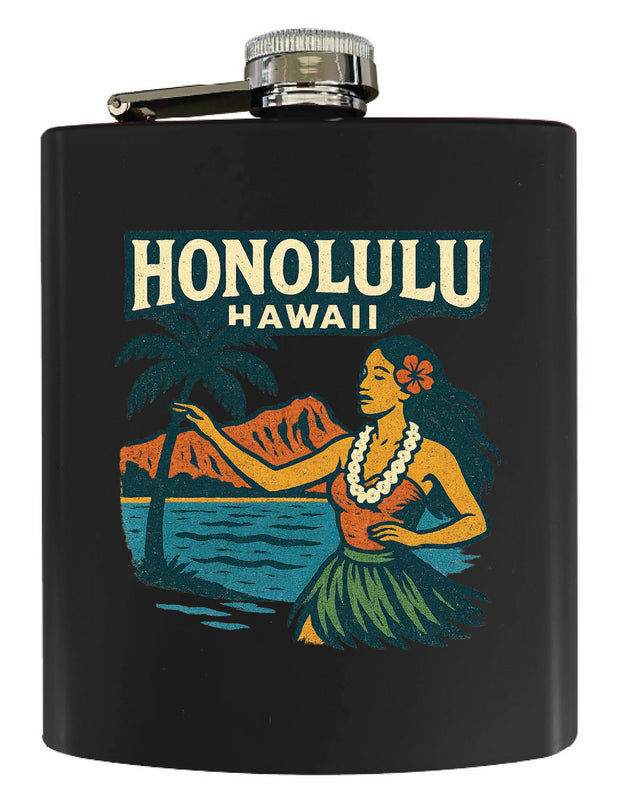 Honolulu Hawaii Vintage Design Souvenir 7 oz Steel Flask Matte Finish Black