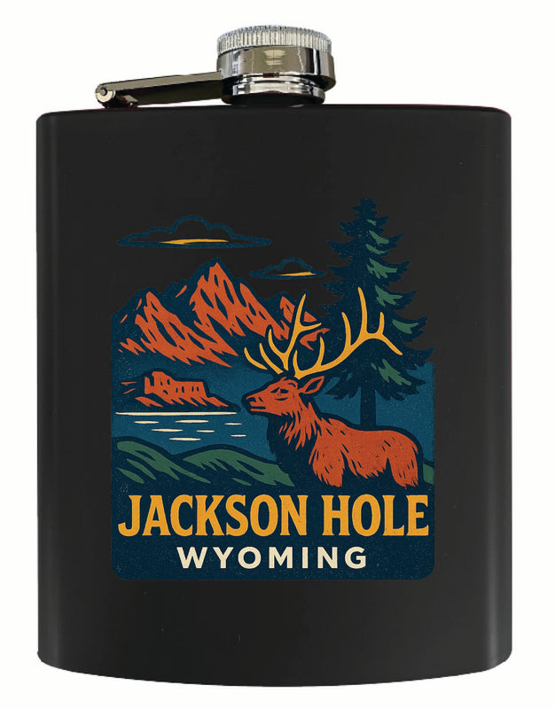 Jackson Hole Wyoming Vintage Design Souvenir 7 oz Steel Flask Matte Finish Black