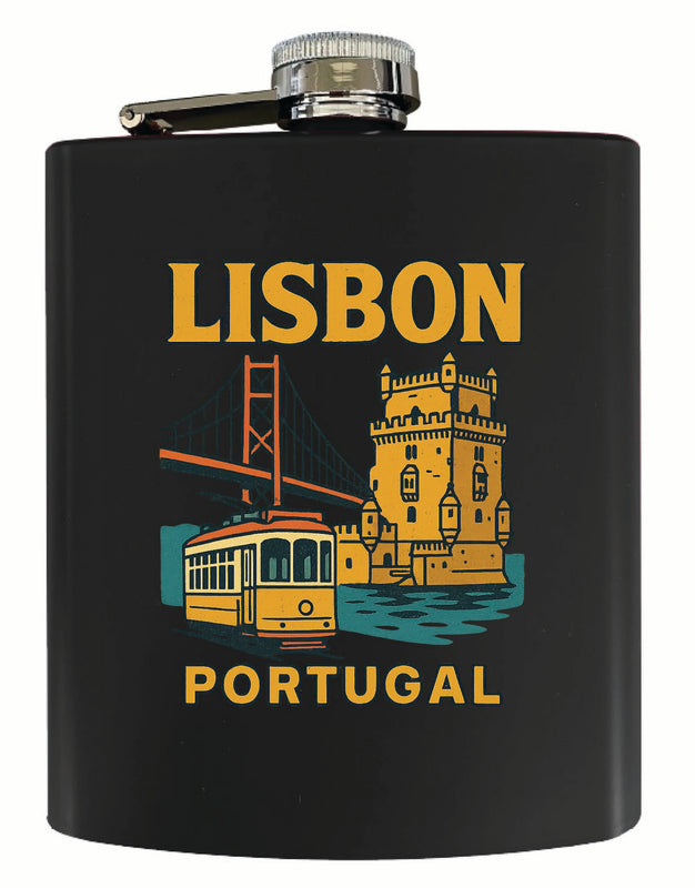 Lisbon Portugal Vintage Design Souvenir 7 oz Steel Flask Matte Finish Black