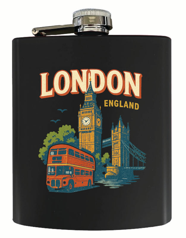 London England Vintage Design Souvenir 7 oz Steel Flask Matte Finish Black