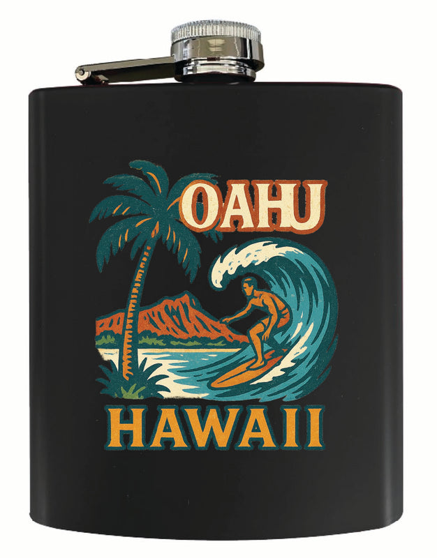 Oahu Hawaii Vintage Design Souvenir 7 oz Steel Flask Matte Finish Black