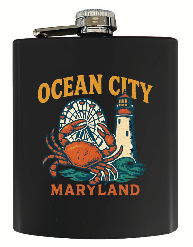 Ocean City Maryland Vintage Design Souvenir 7 oz Steel Flask Matte Finish Black