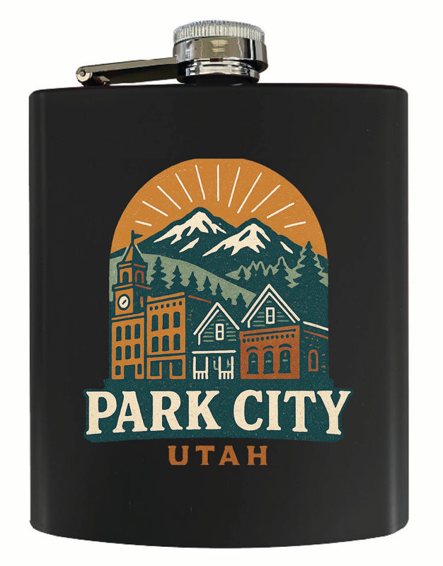 Park City Utah Vintage Design Souvenir 7 oz Steel Flask Matte Finish Black