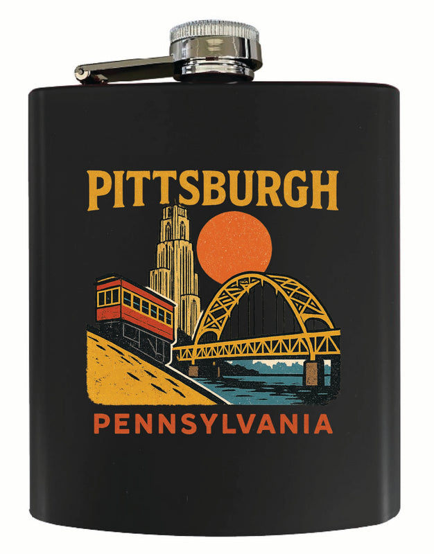 Pittsburgh Pennsylvania Vintage Design Souvenir 7 oz Steel Flask Matte Finish Black