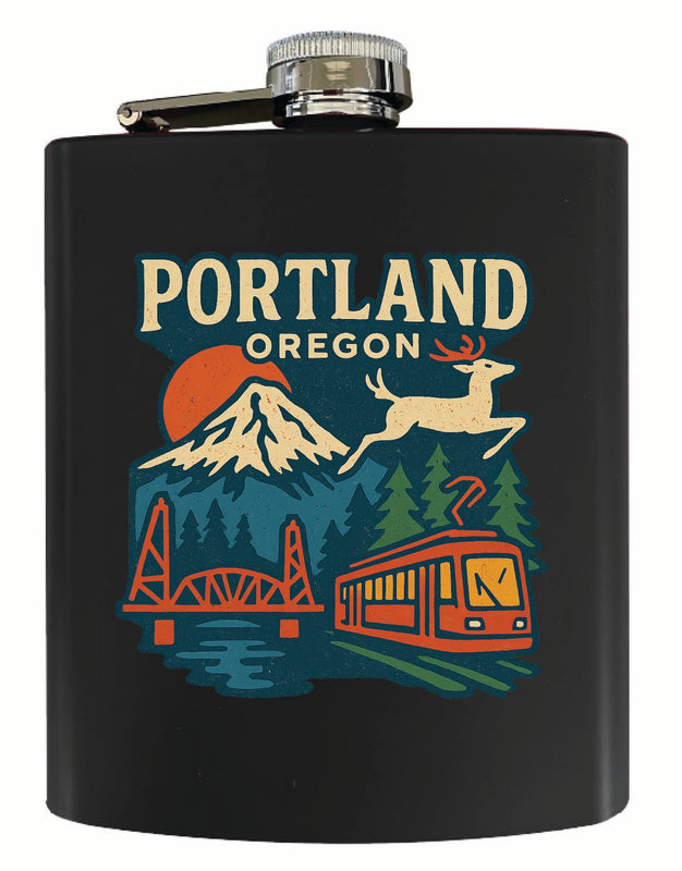 Portland Oregon Vintage Design Souvenir 7 oz Steel Flask Matte Finish Black