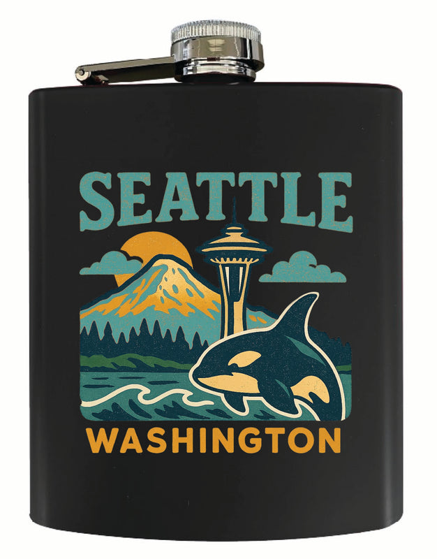 Seattle Washington Vintage Design Souvenir 7 oz Steel Flask Matte Finish Black