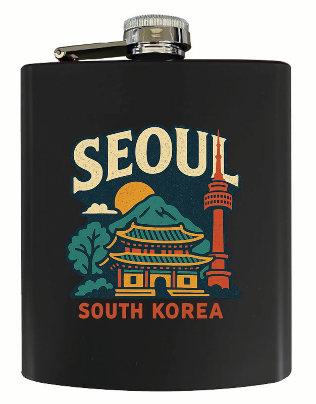 Seoul South Korea Vintage Design Souvenir 7 oz Steel Flask Matte Finish Black