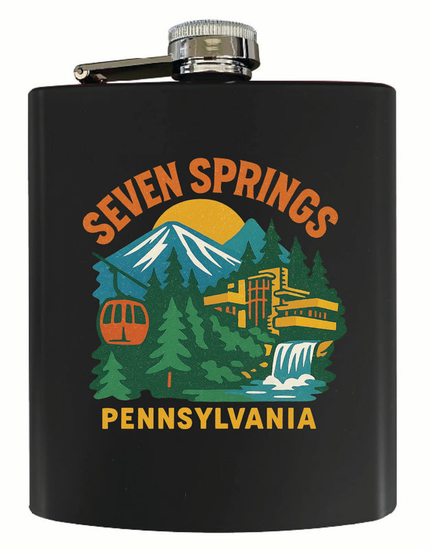 Seven Springs Pennsylvania Vintage Design Souvenir 7 oz Steel Flask Matte Finish Black