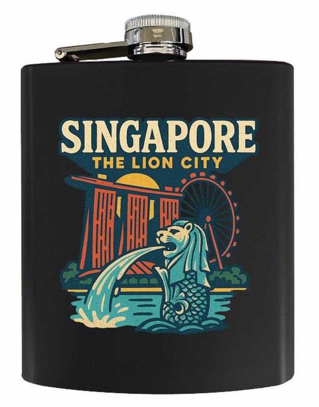 Singapore Vintage Design Souvenir 7 oz Steel Flask Matte Finish Black