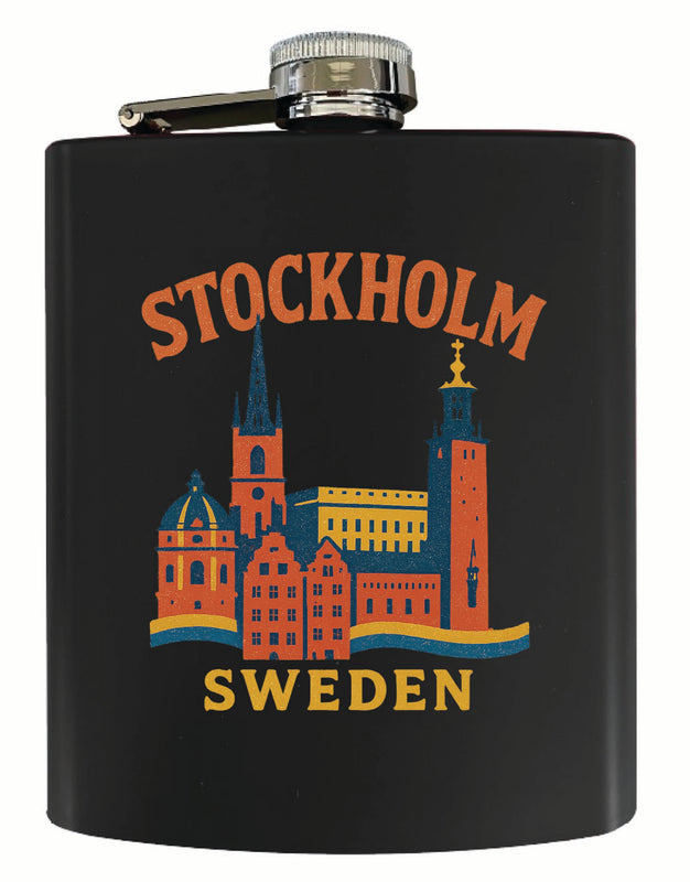 Stockholm Sweden Vintage Design Souvenir 7 oz Steel Flask Matte Finish Black