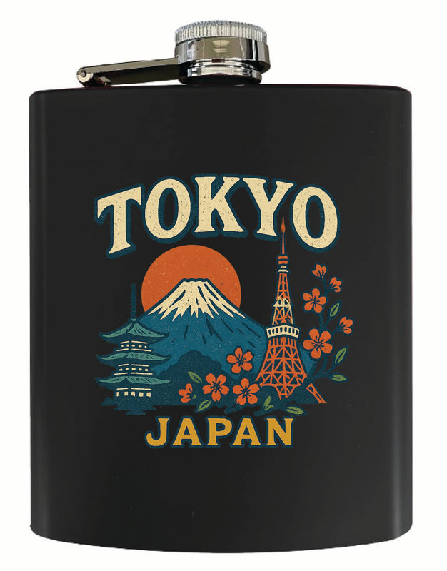 Tokyo Japan Vintage Design Souvenir 7 oz Steel Flask Matte Finish Black