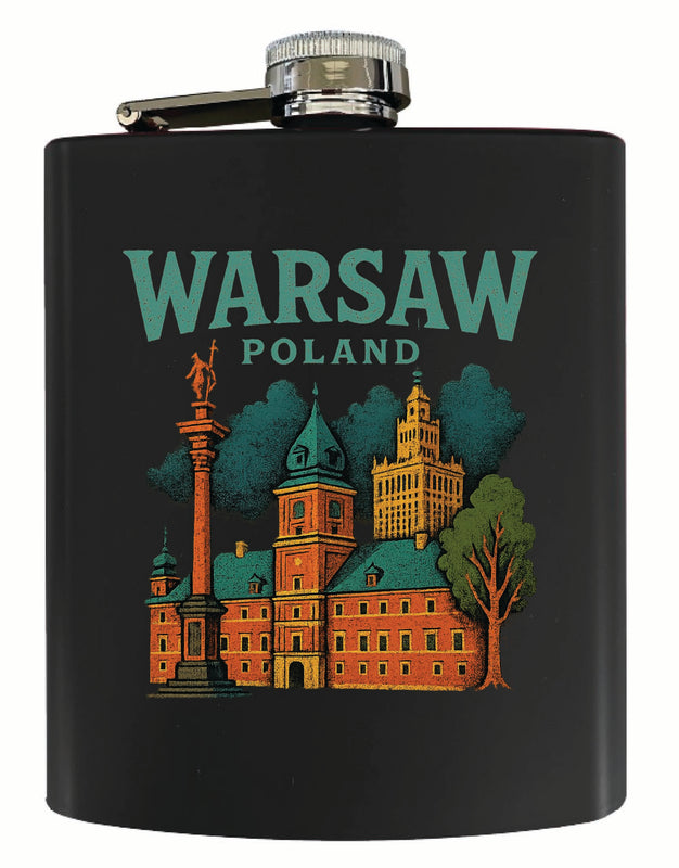 Warsaw Poland Vintage Design Souvenir 7 oz Steel Flask Matte Finish Black