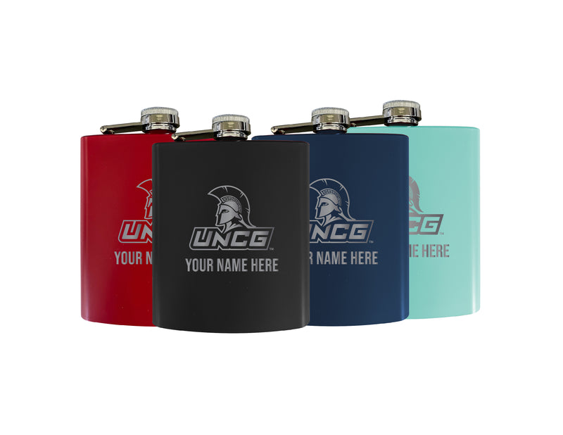 North Carolina Greensboro Spartans Customizable 7 oz Engraved Steel Flask Matte Finish Officially Licensed - Choice of Color 