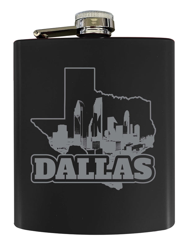 Dallas Texas Souvenir 7 oz Engraved Steel Flask Matte Finish Black 2-Pack