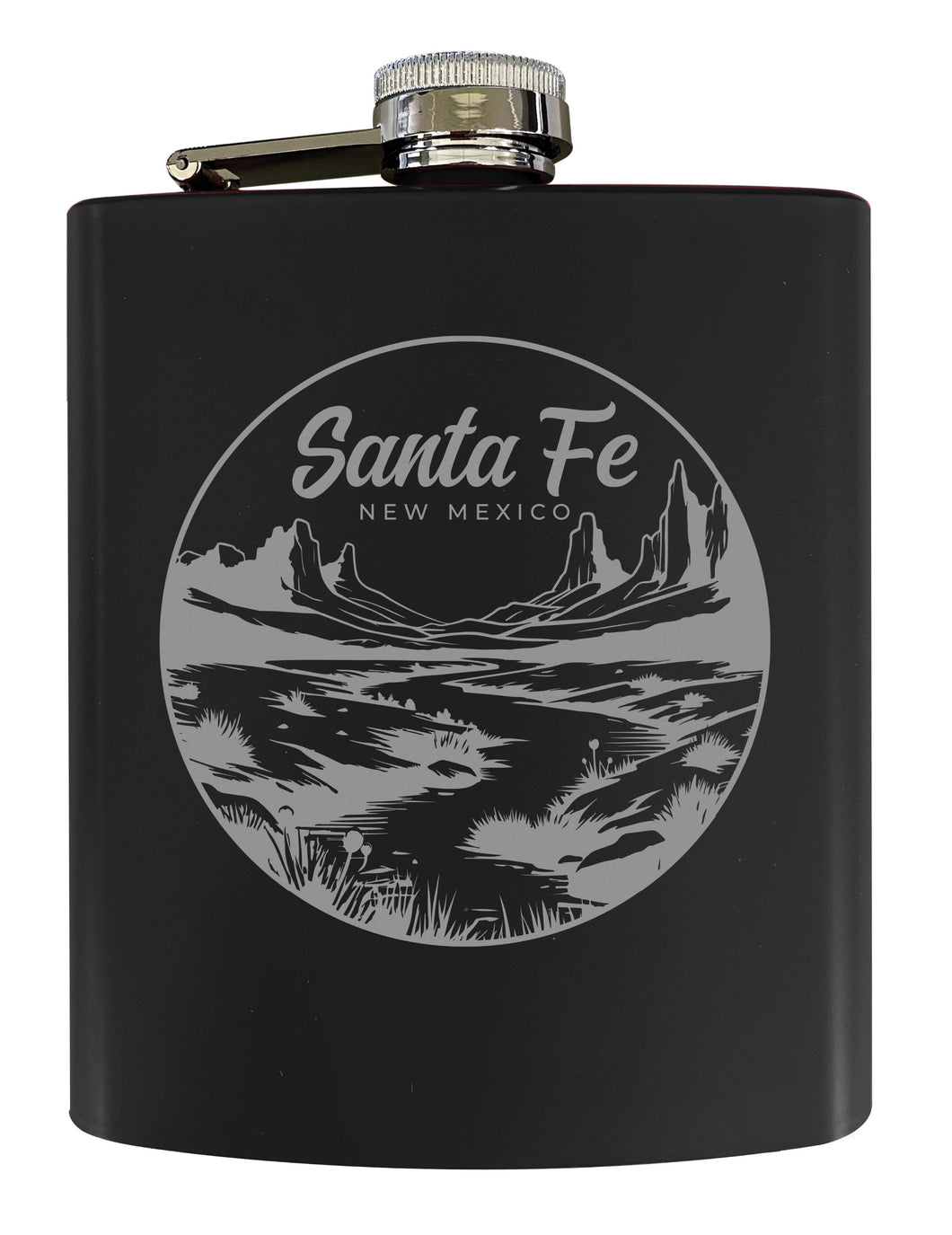 Santa Fe New Mexico Souvenir 7 oz Engraved Steel Flask Matte Finish Black 4-Pack