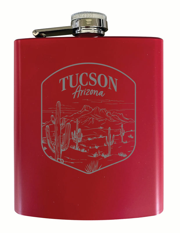 Tucson Arizona Souvenir 7 oz Engraved Steel Flask Matte Finish Red Single Unit