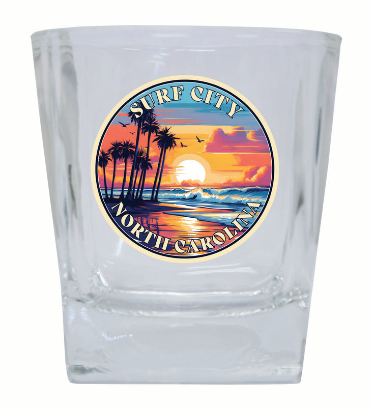 Surf City North Carolina Palm Sunset Design Souvenir 10 oz Whiskey Glass Rocks Glass 2-Pack