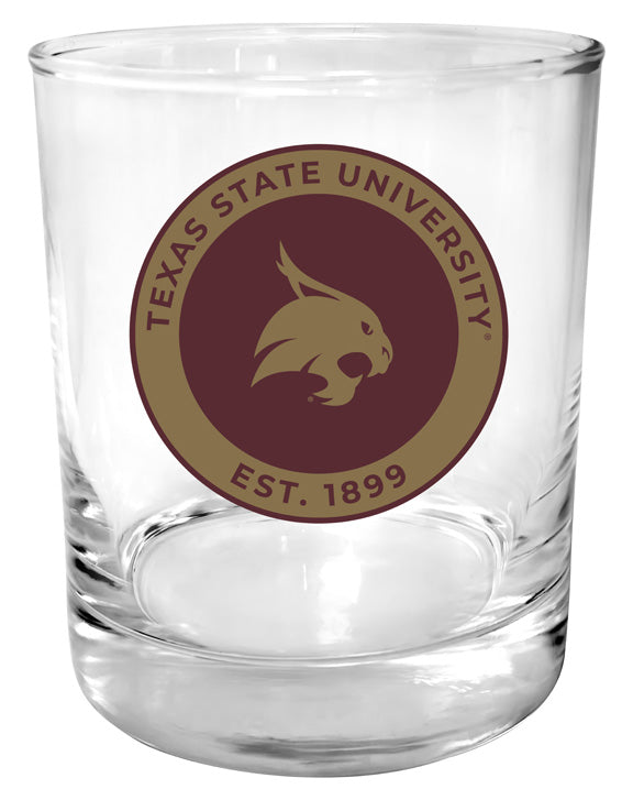 Texas State Bobcats 11 oz Round College Whiskey Glass – Officially Licensed with Full Color or Engraved Logo 