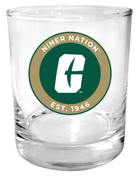 North Carolina Charlotte Forty-Niners 11 oz Round College Whiskey Glass – Officially Licensed with Full Color or Engraved Logo 