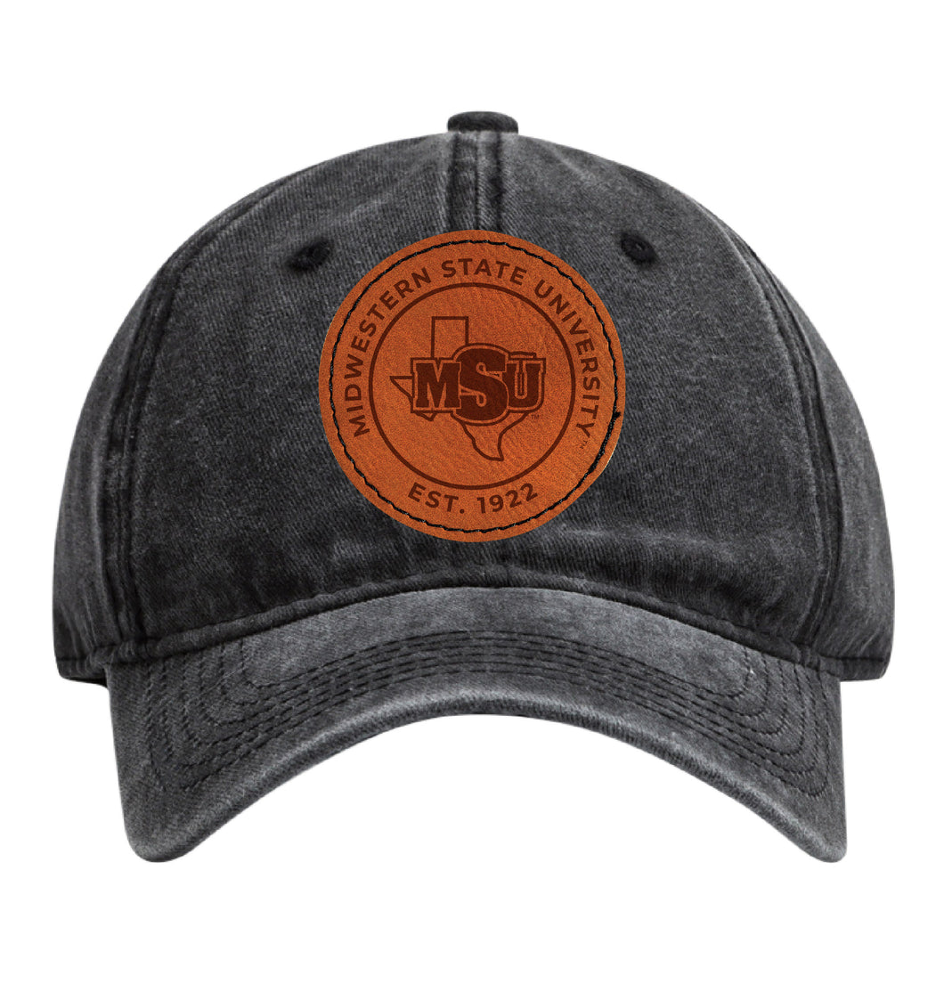 Midwestern State University Mustangs Officially Licensed Dad Hat Unisex Soft Baseball Cap with Round Engraved Leather Patch Black