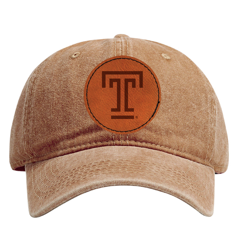 Temple University Officially Licensed Dad Hat - Unisex Baseball Cap with Round Engraved Leather Patch Coffee