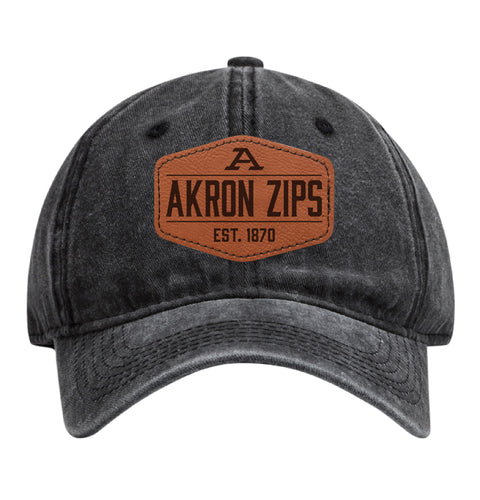 Akron Zips Officially Licensed Dad Hat Unisex Soft Baseball Cap with Hexagon Engraved Leather Patch Black
