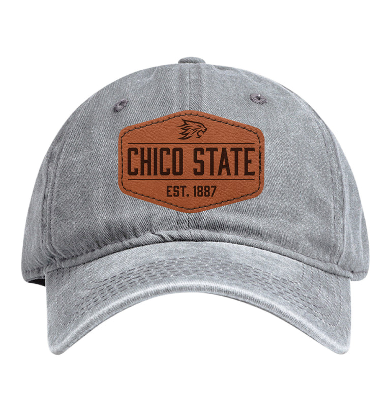 California State University Chico Officially Licensed Dad Hat Unisex Soft Baseball Cap with Hexagon Engraved Leather Patch Gray