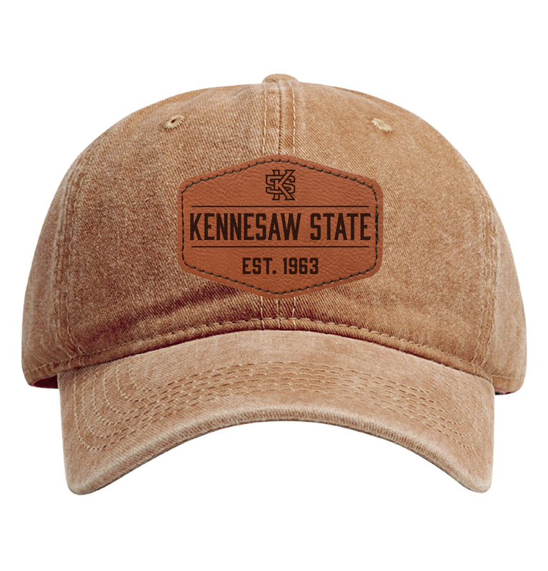 Kennesaw State University Officially Licensed Dad Hat Unisex Soft Baseball Cap with Hexagon Engraved Leather Patch Coffee