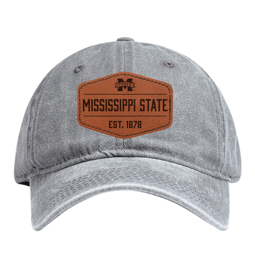 Mississippi State Bulldogs Officially Licensed Dad Hat Unisex Soft Baseball Cap with Hexagon Engraved Leather Patch Gray