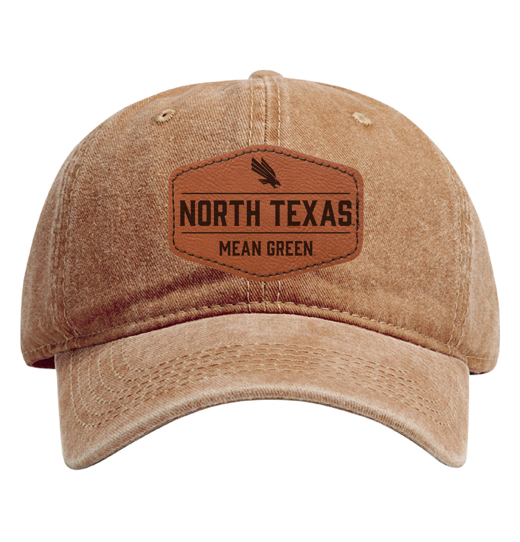 North Texas Officially Licensed Dad Hat Unisex Soft Baseball Cap with Hexagon Engraved Leather Patch Coffee