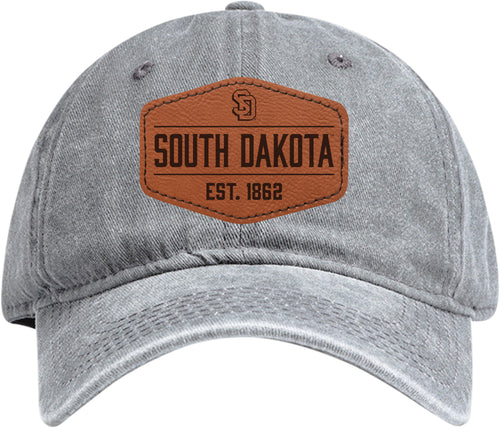 South Dakota Coyotes Officially Licensed Dad Hat Unisex Soft Baseball Cap with Hexagon Engraved Leather Patch Gray