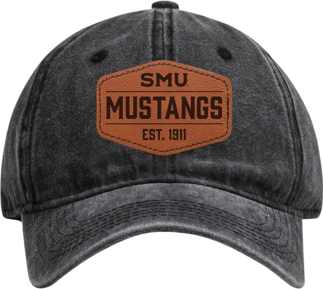 Southern Methodist University Officially Licensed Dad Hat Unisex Soft Baseball Cap with Hexagon Engraved Leather Patch Black