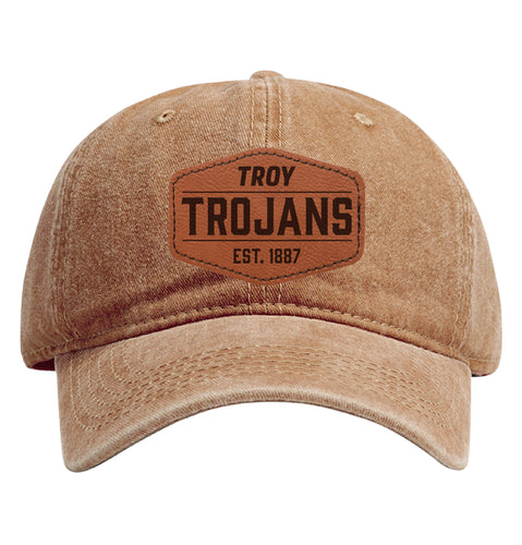 Troy University Officially Licensed Dad Hat Unisex Soft Baseball Cap with Hexagon Engraved Leather Patch Coffee