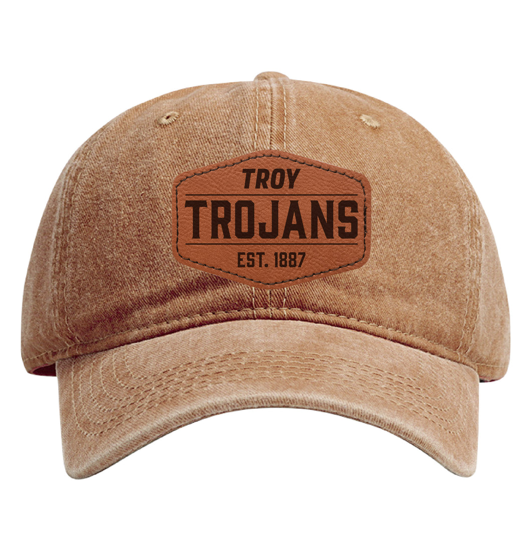 Troy University Officially Licensed Dad Hat Unisex Soft Baseball Cap with Hexagon Engraved Leather Patch Coffee