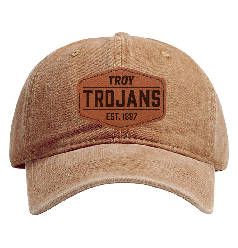 Troy University Officially Licensed Dad Hat Unisex Soft Baseball Cap with Hexagon Engraved Leather Patch Coffee