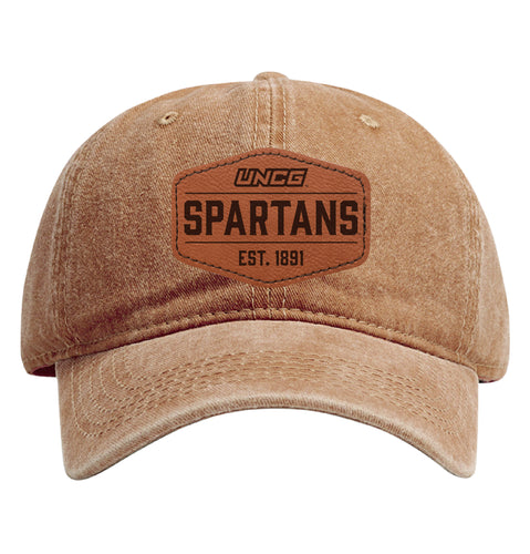 North Carolina Greensboro Spartans Officially Licensed Dad Hat Unisex Soft Baseball Cap with Hexagon Engraved Leather Patch Coffee
