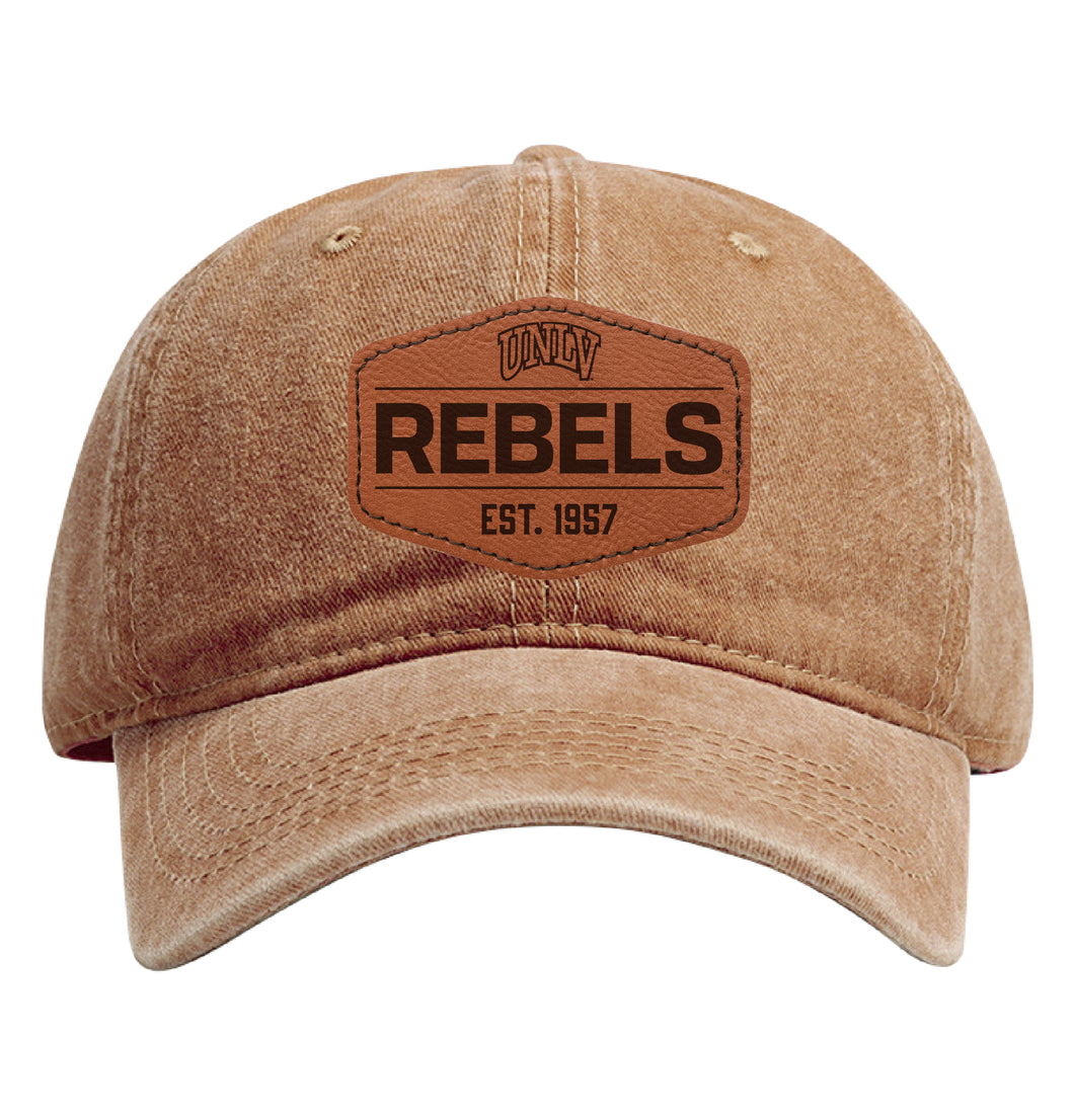 UNLV Rebels Officially Licensed Dad Hat - Unisex Baseball Cap with Hexagon Engraved Leather Patch Coffee