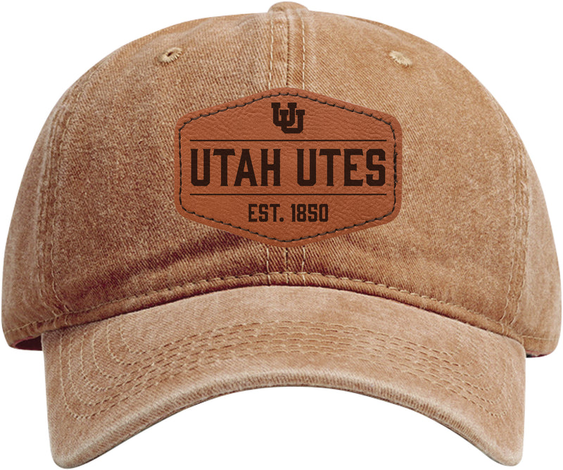 Utah Utes Officially Licensed Dad Hat Unisex Soft Baseball Cap with Hexagon Engraved Leather Patch Coffee