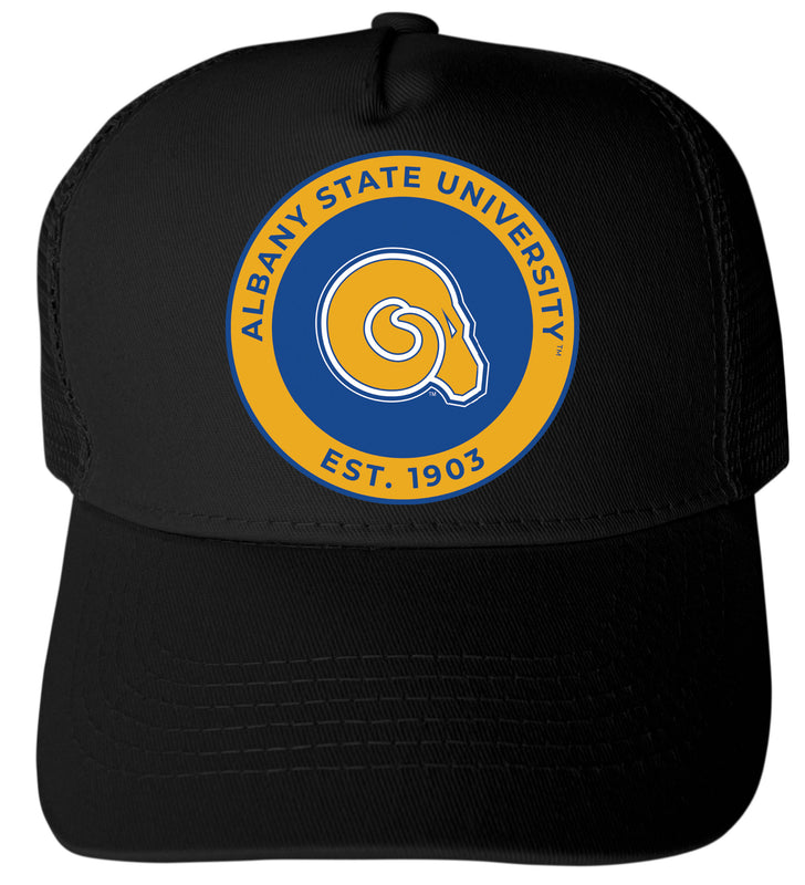 Albany State University Officially Licensed Trucker Hat - Unisex Mesh Back Cap with Full Color Heat Transfer Logo Black