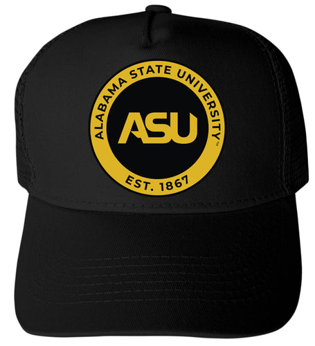Alabama State University Officially Licensed Trucker Hat - Unisex Mesh Back Cap with Full Color Heat Transfer Logo Black