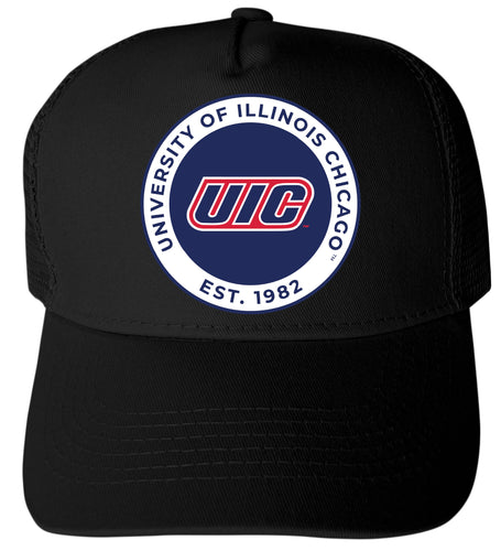 University of Illinois at Chicago Officially Licensed Trucker Hat - Unisex Mesh Back Cap with Full Color Heat Transfer Logo Black