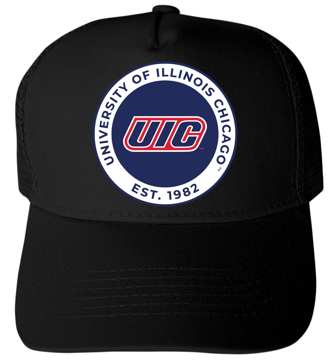 University of Illinois at Chicago Officially Licensed Trucker Hat - Unisex Mesh Back Cap with Full Color Heat Transfer Logo Black